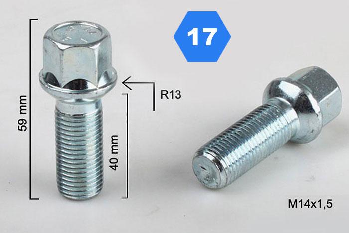 M14x1,5, Radius 13, Wielbout radius, Draadlengte 40mm, SW 17, o.a.VW/Audi